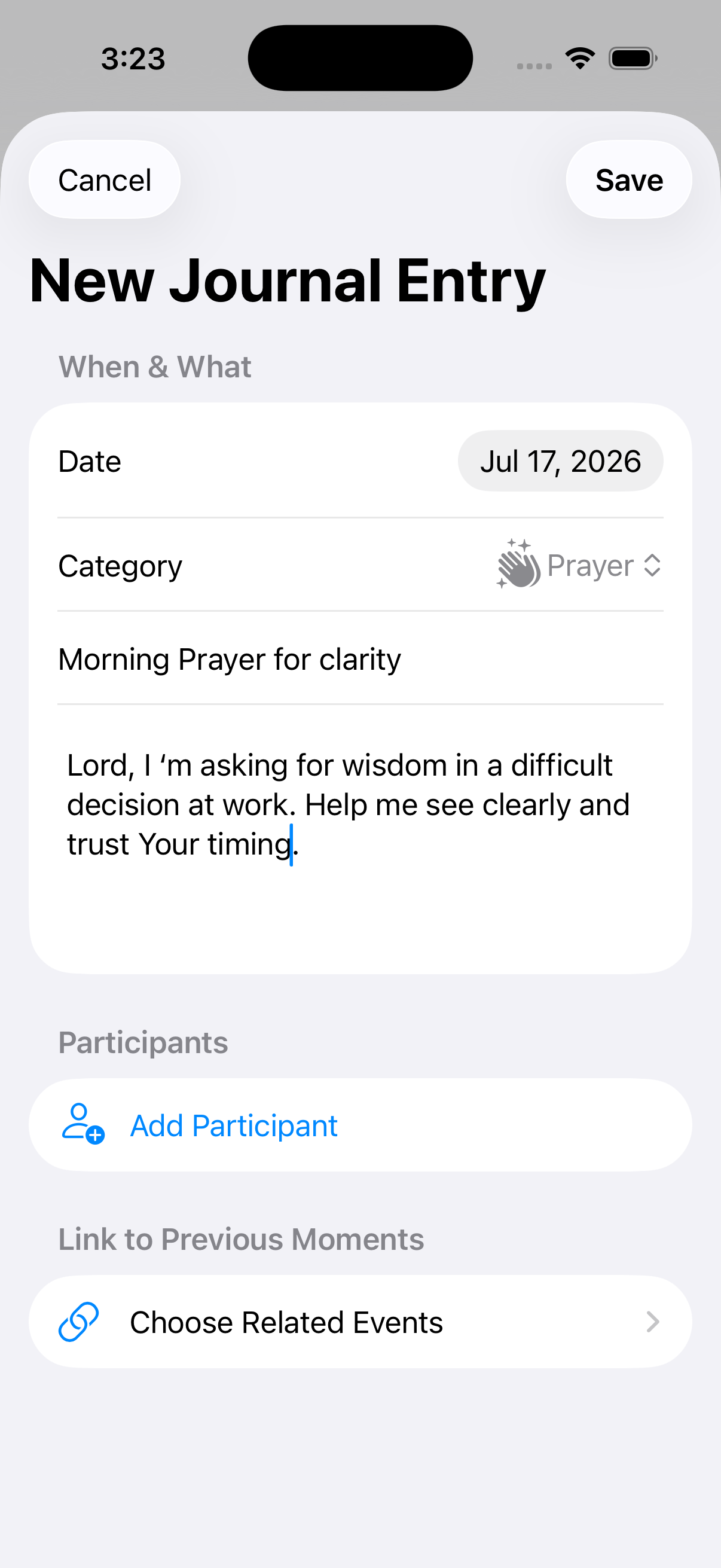 New journal entry screen